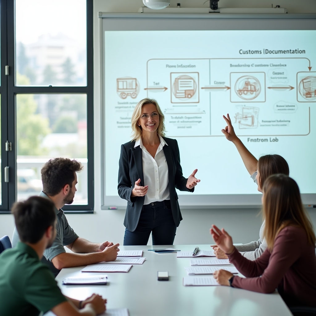 Trainer explaining customs documentation requirements on a whiteboard to a small group of Irish e-commerce business owners