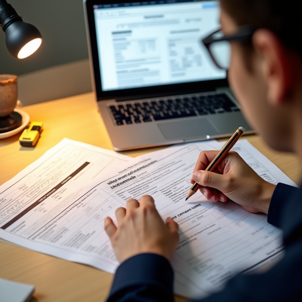 Close-up of customs documentation forms on a desk with a laptop showing a commercial invoice template for cross-border shipping from Ireland to UK
