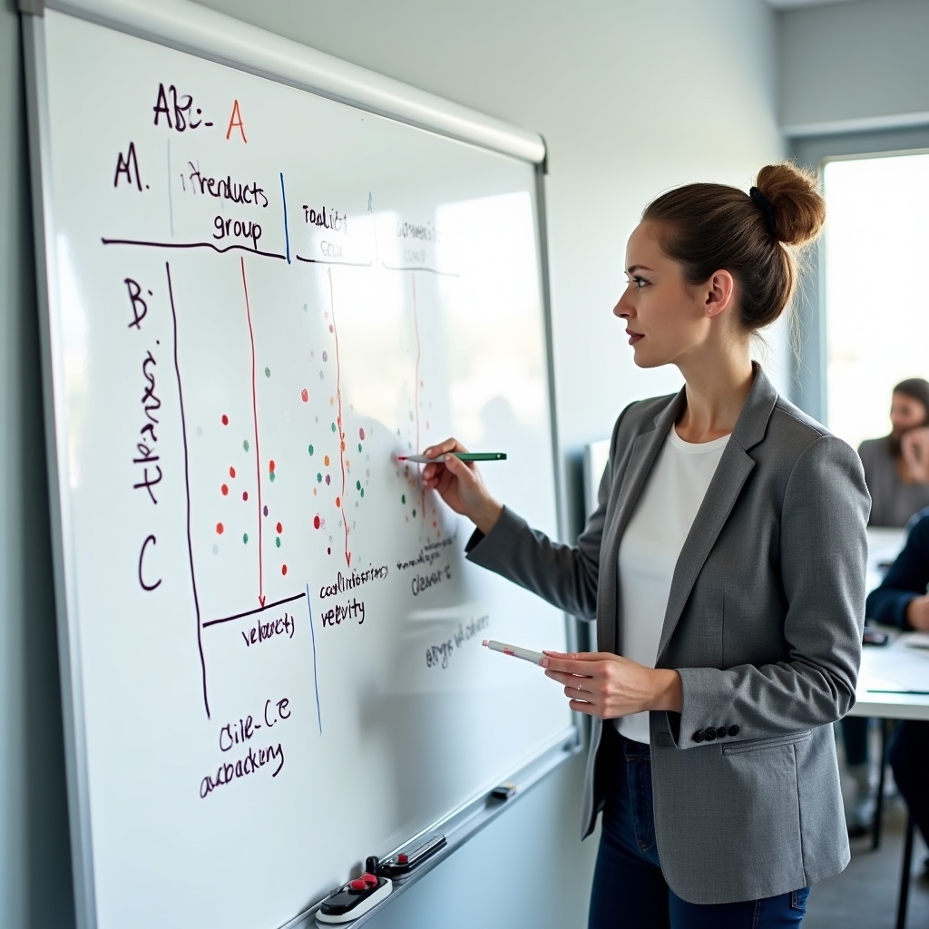 Whiteboard showing ABC inventory analysis categories with product groupings and colour coding for a small warehouse operation